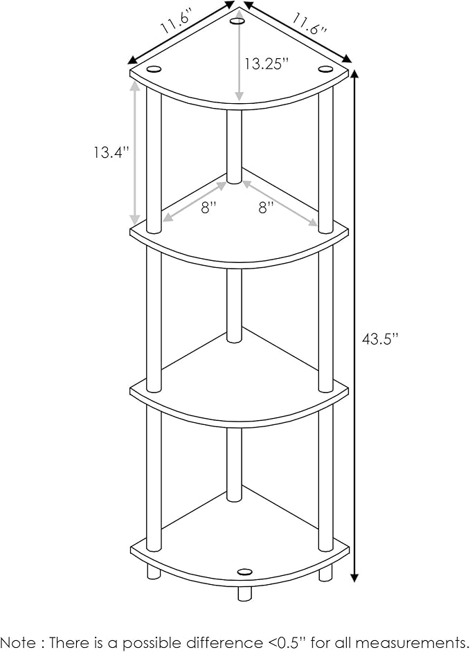 Furinno Turn-N-Tube Toolless Assembly 4-Tier Corner Shelf, Black Corner Book Shelf, Open Shelves Bookshelf, for Organization and Storage, Living Room, Home Office, Bedroom, Black Espresso