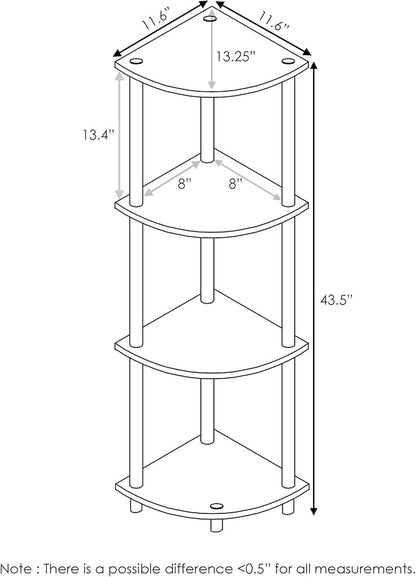Furinno Turn-N-Tube Toolless Assembly 4-Tier Corner Shelf, Black Corner Book Shelf, Open Shelves Bookshelf, for Organization and Storage, Living Room, Home Office, Bedroom, Brown Grain
