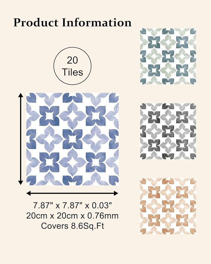 Peel and Stick Floor Tile, Waterproof Vinyl Flooring, Snap-Proof DIY Flooring Tiles for Bathroom, Kitchen, Fireplace, Wall, Backsplash, Home Decor, No Residue, 20 Tiles-7.87" Thin Ver, Blue