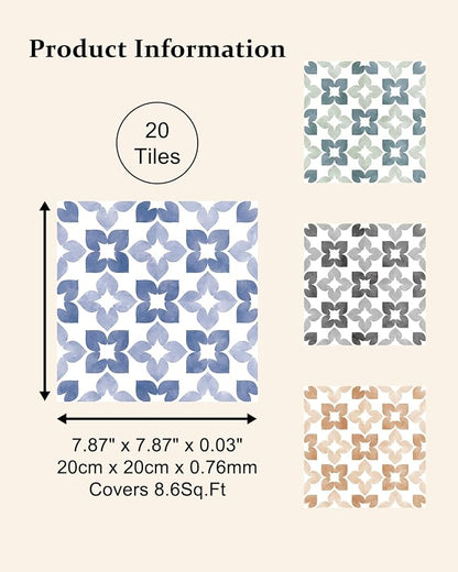 Peel and Stick Floor Tile, Waterproof Vinyl Flooring, Snap-Proof DIY Flooring Tiles for Bathroom, Kitchen, Fireplace, Wall, Backsplash, Home Decor, No Residue, 20 Tiles-7.87" Thin Ver, Blue