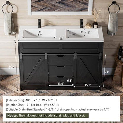 48 Inch Bathroom Vanity with Double Sink Combo, Farmhouse Bathroom Cabinet Set with Sliding Barn Door & 3 Drawers, Freestanding Bath Vanities, Black