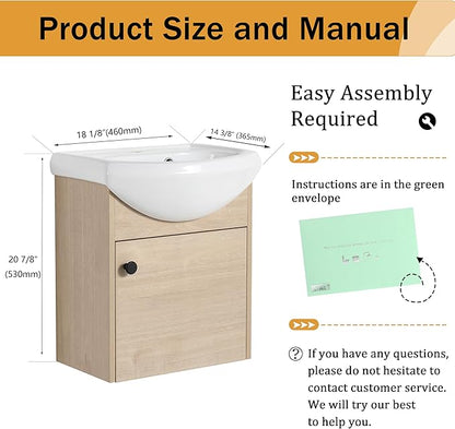 Malwee 18" Floating Bathroom Vanity with Sink, 18 Inch Wall Mounted Bathroom Cabinet Single Sink Combo, with 1 Soft Close Door and White Ceramic Basin Top for Small Space, Space-Saving Design (023-18)
