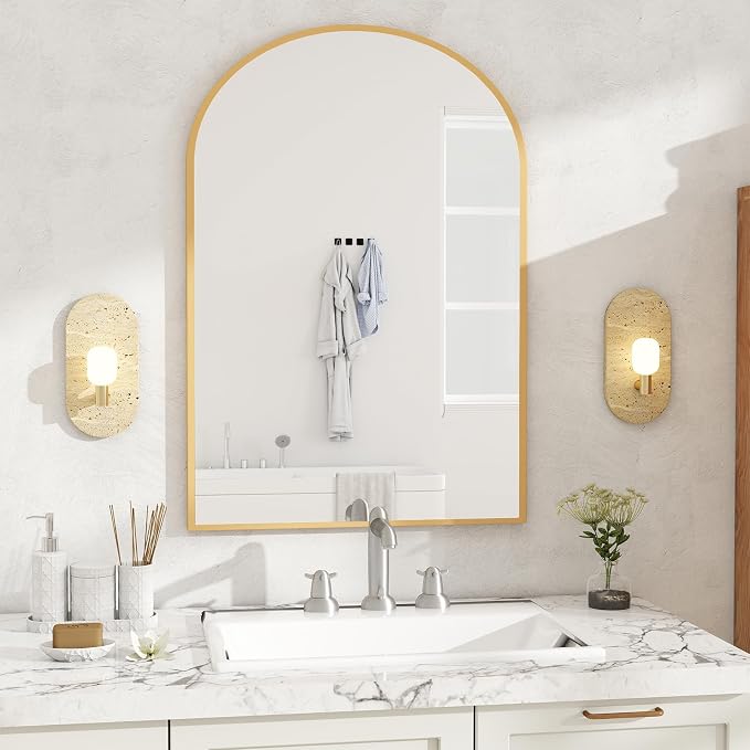 NEWBULIG 26"X38" Arched Bathroom Mirror for Over Sink, Wall Vanity Mirror | Tempered Glass, Anti-Rust Arched Metal Framed, Hanging or Leaning, Farmhouse Home Decor, Gold