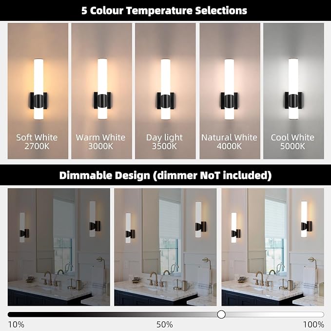 Black Wall Sconce 5CCT Dimmable Bathroom Sconce with Acrylic Shade LED 15 inch Hardwired Wall Light Fixtures for Bathroom Living Room Bedroom Hallway