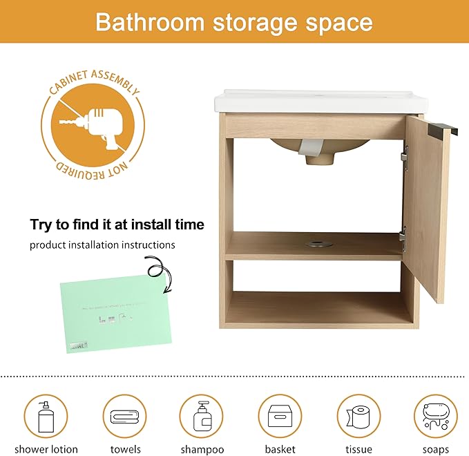 Malwee 20" Floating Bathroom Vanity with Sink, 20 Inch Single Sink Wall Mounted Bathroom Vanity, with 1 Door and White Ceramic Basin Top for Small Space, Plywood(066-20MA)