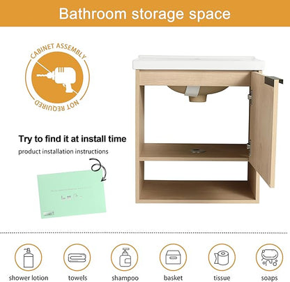 Malwee 20" Floating Bathroom Vanity with Sink, 20 Inch Single Sink Wall Mounted Bathroom Vanity, with 1 Door and White Ceramic Basin Top for Small Space, Plywood(066-20MA)