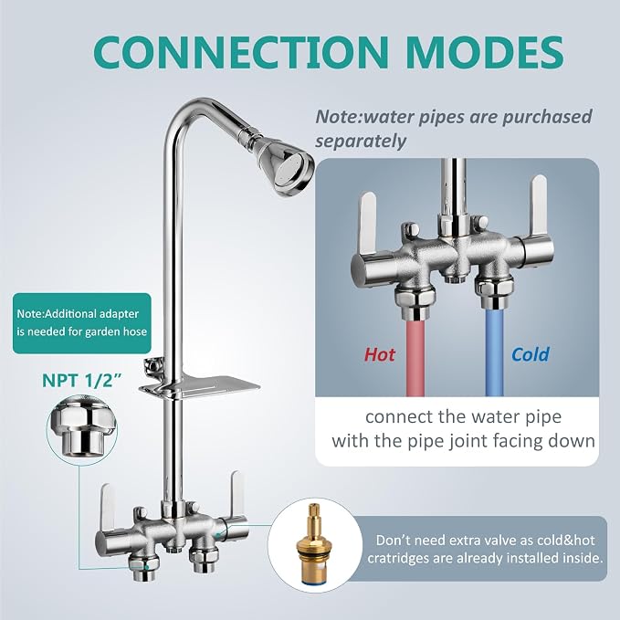 Aolemi Outdoor Shower Kit, Downward-Facing Inlets, Polish Chrome | 3-Inch Center Hot And Cold Mixer Valve, Dual Handles, with Soap Dish For Convenient Outdoor Shower Use