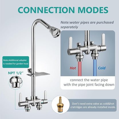 Aolemi Outdoor Shower Kit, Downward-Facing Inlets, Polish Chrome | 3-Inch Center Hot And Cold Mixer Valve, Dual Handles, with Soap Dish For Convenient Outdoor Shower Use
