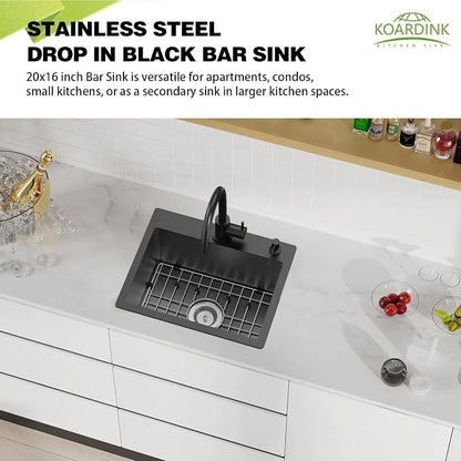 Black 20x16In Drop In Kitchen And Bar Sink, Stainless Steel, Single Bowl | Modern Topmount Bar Sink, Come With Accessory, ideal for small kitchens, bars, prep stations, and utility areas.