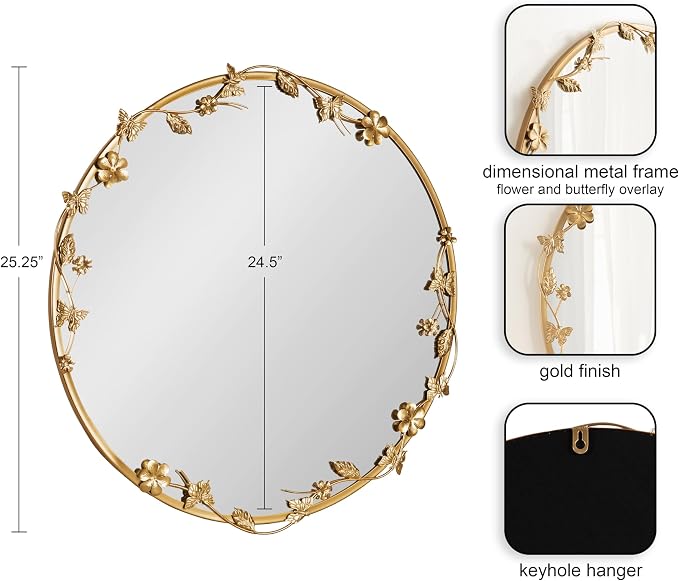 Kate and Laurel Rosella Modern Ornate Round Wall Mirror, 26 Inch Diameter, Gold, Circle Mirror with Floral Detailing for Use as Bathroom Mirror for Over Sink or Cute Dorm Room Decor