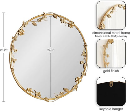 Kate and Laurel Rosella Modern Ornate Round Wall Mirror, 26 Inch Diameter, Gold, Circle Mirror with Floral Detailing for Use as Bathroom Mirror for Over Sink or Cute Dorm Room Decor