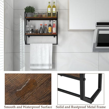 GOFLAME 2-Tier Industrial Bathroom Shelves with Towel Bar, Over the Toilet Shelf Wall Mounted with Metal Frame, Wall Storage Organizer Shelf for Bathroom, Living Room, Kitchen, Rustic Brown