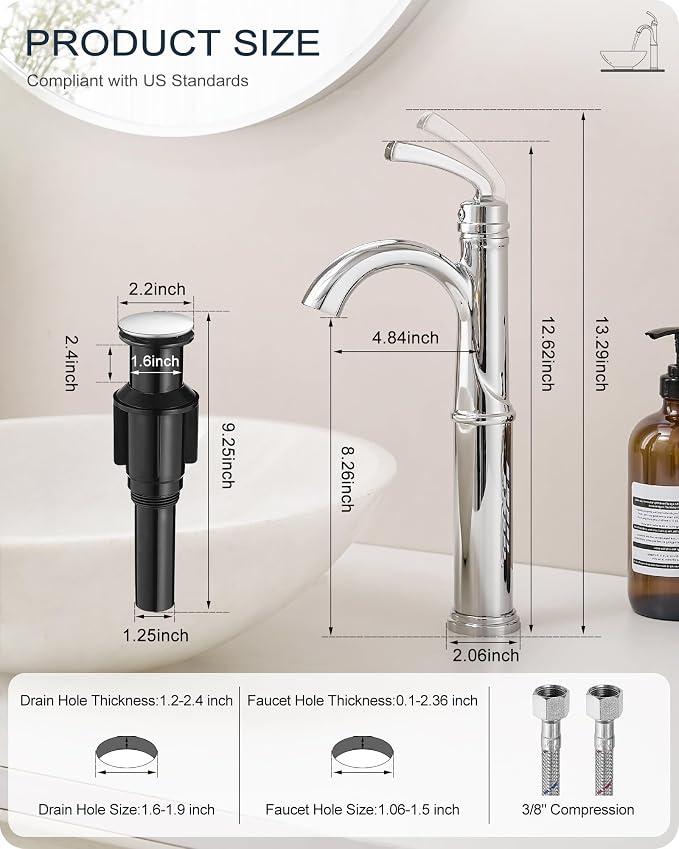 Brass Vessel Faucet 1 Hole, Chrome Tall Bathroom Faucets for Vessel Sinks with 1 Handle, Pop Up Drain, cUPC Water Supply Line & Arched Spout Aerator for Countertop Sink, 5 Mins Quick Install