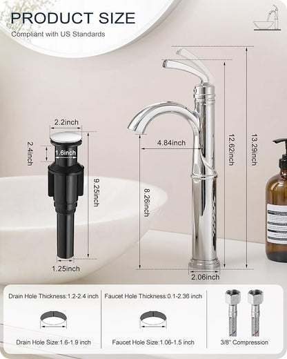 Brass Vessel Faucet 1 Hole, Chrome Tall Bathroom Faucets for Vessel Sinks with 1 Handle, Pop Up Drain, cUPC Water Supply Line & Arched Spout Aerator for Countertop Sink, 5 Mins Quick Install