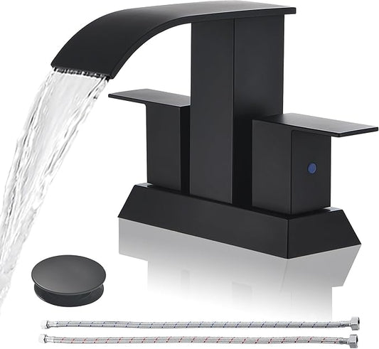 Black Waterfall Bathroom Faucet - 4Inch 2 or 3 Holes Centerset Faucet Bathroom | Two Handles Widespread Lavatory Vanity Sink Faucets with Overflow Pop-up Drain & Supply Lines Matte Black