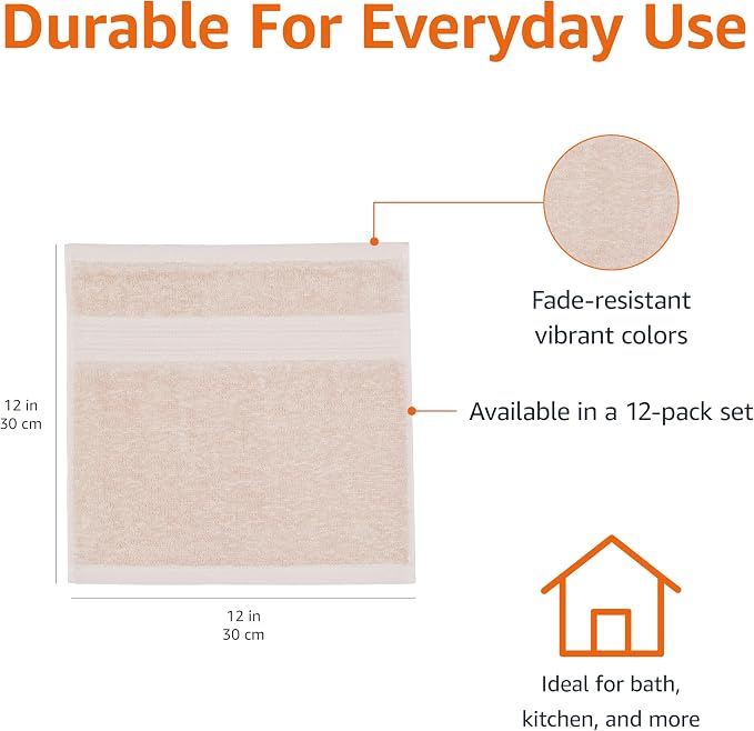 Amazon Basics Fade-Resistant 100% Cotton Washcloths, Machine Washable, 12"x12", Blush Pink, 12-Pack