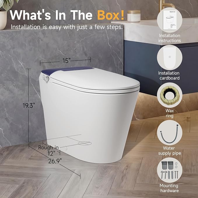 Non-Electric Bidet Toilet, One Piece Elongated Smart Toilet with Air Pressure-Assisted Flush, ADA Comfort Height, Foot Kick & Side Button Flush, 1.0 GPF, 12" Rough-In