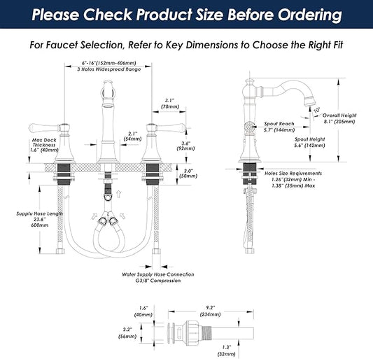 Brushed Nickel Bathroom Faucet 8 inch Widespread for 3 Holes, with 2 x 23.6 inch Water Supply Lines and Plastic Pop-Up Drain, Classic 2-Handle Bathroom Vanity Sink Faucet, 360° Swivel Spout