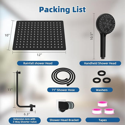 12" Metal Rainfall Shower Head with 10-Mode Handheld, Matteblack | NSF/ANSI/CAN 372 Certified, High Pressure Showerhead Combo with 11" Adjustable Shower Arm, 71" Hose, Shower Head Holder