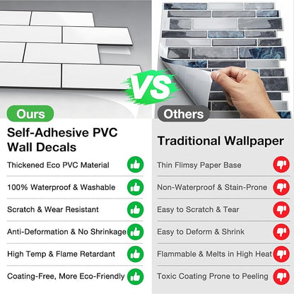 Peel and Stick Backsplash Tile for Kitchen & Bathroom Walls (White, 10 Tiles - 9.7 sq. ft. (0.9 m²))