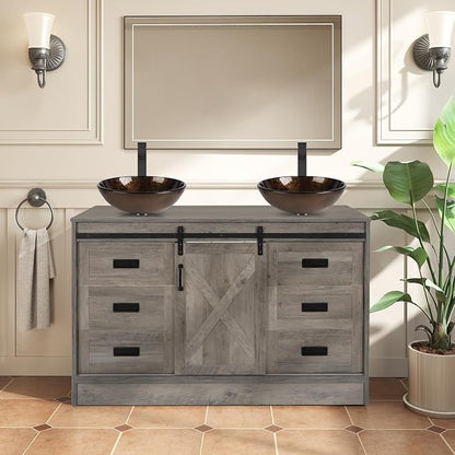 48 inch Barn Door Bathroom Vanity with 6 Drawers, Farmhouse Style Standing Pedestal Cabinet with Two Brown Round Glass Vessel Sinks