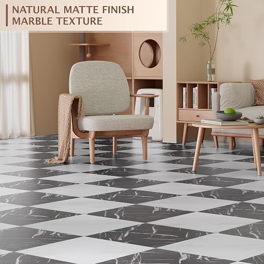 Peel and Stick Floor Tile, 30 PCS 12" x 12" Checkered Waterproof Marble Texture Luxury Vinyl Tiles, Easy DIY Self Adhesive Vinyl Flooring for Bathroom, Kitchen, Living Room, Black/White