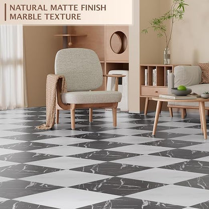 Peel and Stick Floor Tile, 30 PCS 12" x 12" Checkered Waterproof Marble Texture Luxury Vinyl Tiles, Easy DIY Self Adhesive Vinyl Flooring for Bathroom, Kitchen, Living Room, Black/White