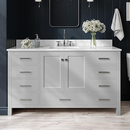 ARIEL Cambridge 60-inch Bathroom Vanity with Sink,Solid Wood, 0.75-inch Italian Carrara Marble Countertop, Single Rectangular Porcelain Sink, 2 Soft Closing Doors, 9 Dovetail Drawers, Grey