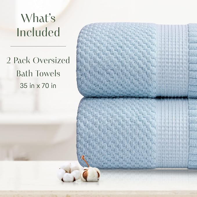 2 Pack Oversized Bath Towels 100% Cotton | Blue Towels | Oeko‑TEX Standard 100 | Soft & Absorbent, Quick‑Dry | Trinity Collection - Chambray Blue