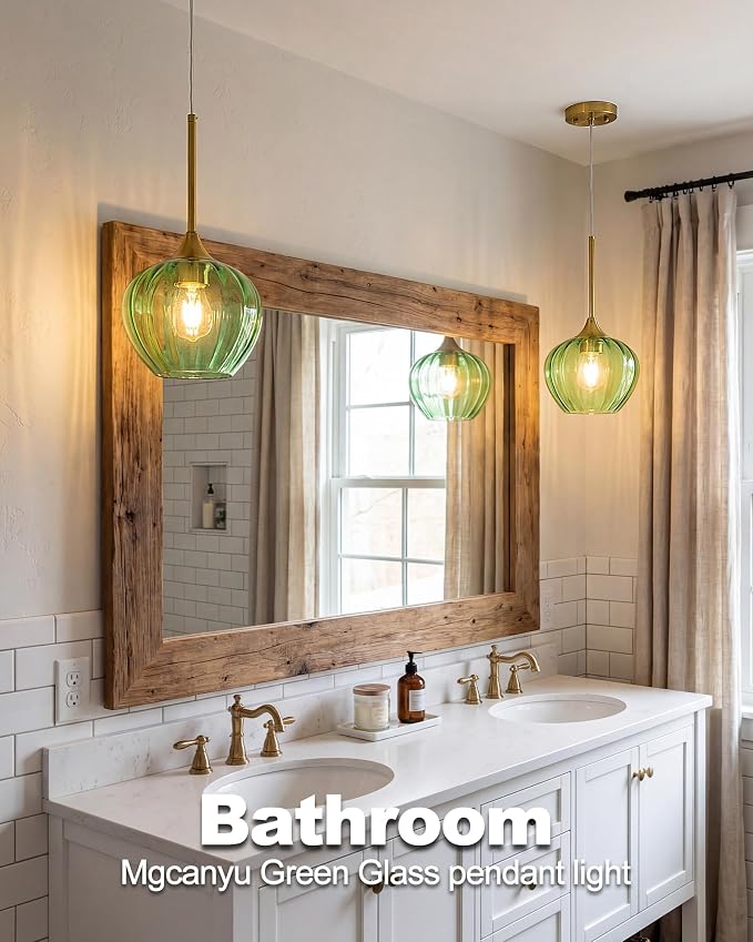 Green Glass Pendant Lights Kitchen Island, 7.7" Vintage Pendant Lighting with Brushed Gold Adjustable Hanging Light Fixtures for Kitchen, Dining Room, Sink, Bathroom