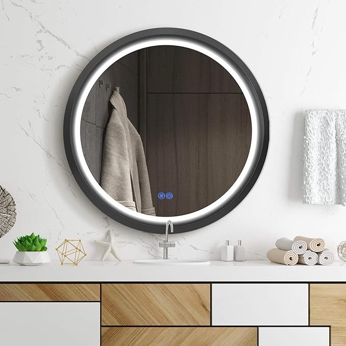 24 Inch Round LED Mirror for Bathroom, Black Metal Frame Lighted Vanity Mirror with 3 Color Modes, Touch Dimmer - Anti-Fog Wall Mounted Circle Mirror with Lights - Fab Glass and Mirror
