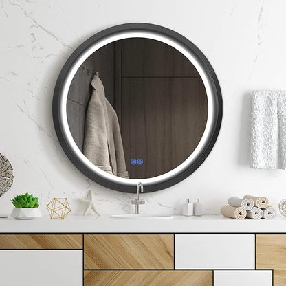 24 Inch Round LED Mirror for Bathroom, Black Metal Frame Lighted Vanity Mirror with 3 Color Modes, Touch Dimmer - Anti-Fog Wall Mounted Circle Mirror with Lights - Fab Glass and Mirror