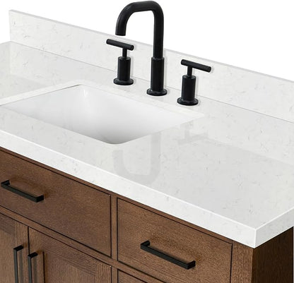 ARIEL Hepburn 60-inch Bathroom Vanity with Sink,Solid Wood, 1.5-inch Carrara White Quartz Countertop, Single Rectangular Porcelain Sink, 2 Soft Closing Doors, 9 Dovetail Drawers, Brown Oak