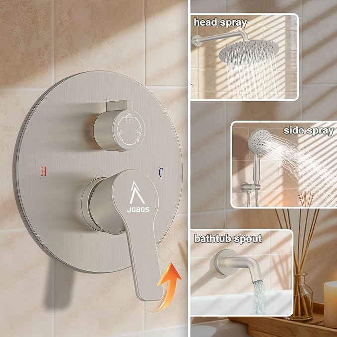 3 Functions Shower System，Modern Three-Setting 10-Inch Round Rain Shower Head and Faucet Set，Shower Faucet Set Complete Rough-in Valve and Trim Kit Included（Brushed Nickel）