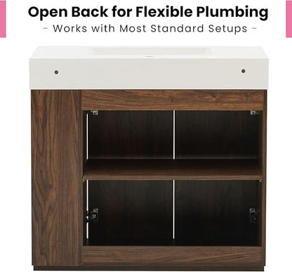 36" Bathroom Vanity with Sink Combo, Mid Century Modern Bathroom Cabinet with Doors & Open Shelf, Glossy White Integrated Sink with Overflow, Brown Walnut