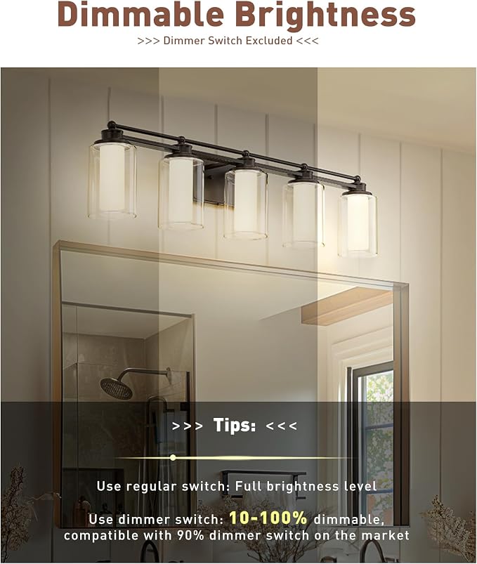 HWH 5-Light Bathroom Vanity Light Fixture, Clear Glass, 5HLT63B-5W-LED ORB | Dimmable, 5CCT, Oil-Rubbed Bronze, 30W, Bathroom Lights Over Mirror, Vanity Lights, Smooth LED Brightness Adjustment
