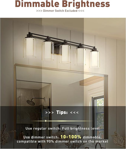 HWH 5-Light Bathroom Vanity Light Fixture, Clear Glass, 5HLT63B-5W-LED ORB | Dimmable, 5CCT, Oil-Rubbed Bronze, 30W, Bathroom Lights Over Mirror, Vanity Lights, Smooth LED Brightness Adjustment