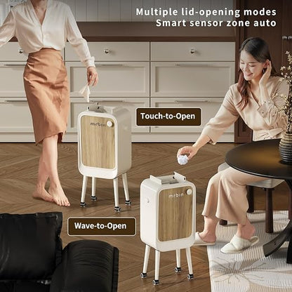 MRBIN Stainless Steel Motion Sensor Trash Can Bathroom with Butterfly Lid and Leg, 5.5 Gal Wheeled Tall Automatic Smart Waste Basket Garbage for Bedroom, Kitchen, Cream White with Walnut Pattern