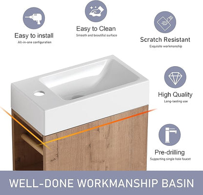 16" Bathroom Vanity with Sink, 16 Inch Floating Bathroom Vanity for Small Space, Modern Bathroom Vanity, Brown Wall Mounted Cabinet Set（050）