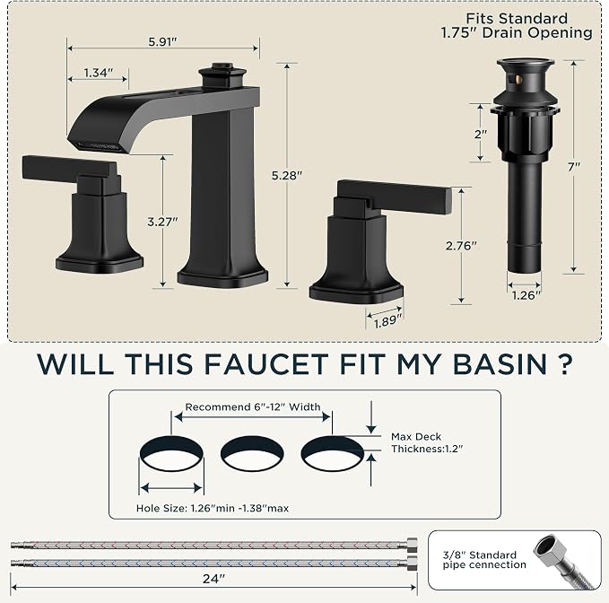 FORIOUS Bathroom Faucet 3 Hole Widespread Sink Faucets Matte Black | 3-hole 4-12 Inch Widespread Sink, Square Waterfall Spout, with Drain and Hoses,for Vanity Rv Commercial Lavatory Restroom