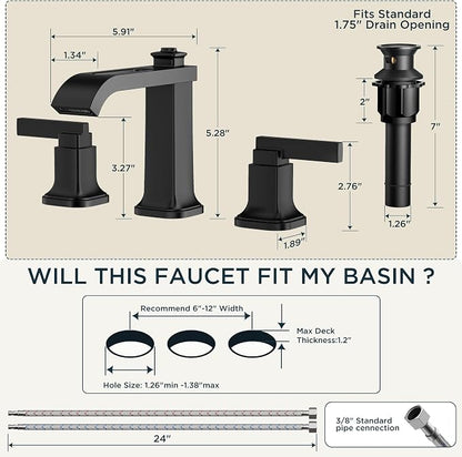 FORIOUS Bathroom Faucet 3 Hole Widespread Sink Faucets Matte Black | 3-hole 4-12 Inch Widespread Sink, Square Waterfall Spout, with Drain and Hoses,for Vanity Rv Commercial Lavatory Restroom