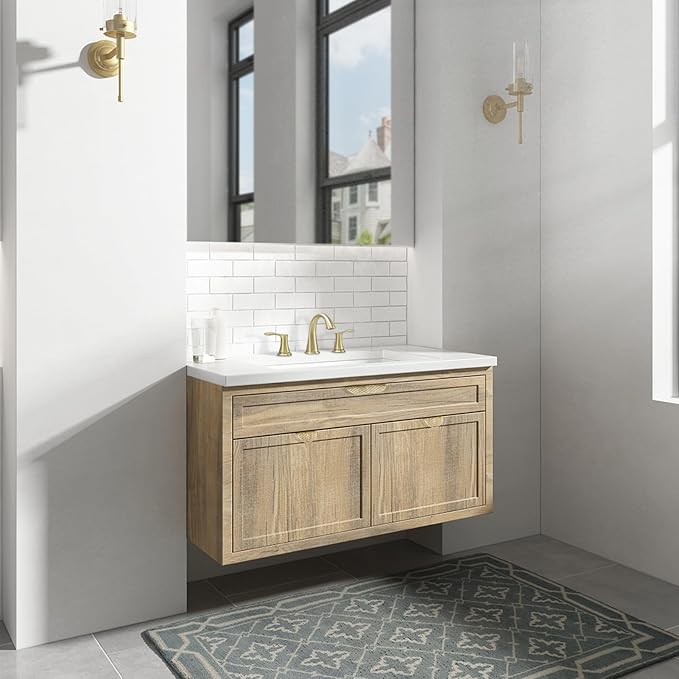 Bathroom Sink Faucet 8 Inch Widespread for Vanity, Brushed Gold | Mid Arc Brass Spout, 2 Handle Lead-Free Bathroom Faucet with Metal Pop Up Drain Supply Lines for 3 Hole Lavatory Utility Sink