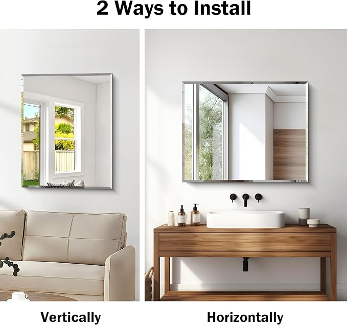 CILIBER Beveled Mirror, 24x30 Frameless Beveled Bathroom Mirrors for Wall, 3mm Tempered Glass Rectangle Vanity Mirror with Beveled Edge, Crystal-Clear, Hangs Horizontally or Vertically