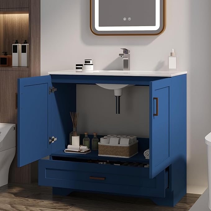 36 inch Bathroom Vanity with Sink, Modern Blue Vanity for Bathroom with Undermount Ceramic Sink, Freestanding 2-Door & 1-Drawer Storage Cabinet, for Small Bathroom Space, (Blue, 36")