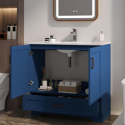 36 inch Bathroom Vanity with Sink, Modern Blue Vanity for Bathroom with Undermount Ceramic Sink, Freestanding 2-Door & 1-Drawer Storage Cabinet, for Small Bathroom Space, (Blue, 36")