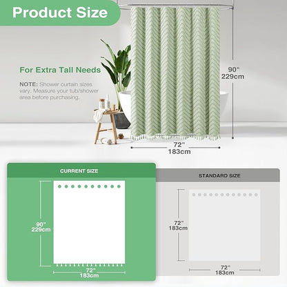 Dynamene Extra Long Shower Curtains, 90 Inches Long Boho Tufted Chevron Striped Fabric Bathroom Shower Curtain, Tall Minimalist Chic Waterproof Cloth Shower Curtain Set with Hook, Sage Green, 72x90