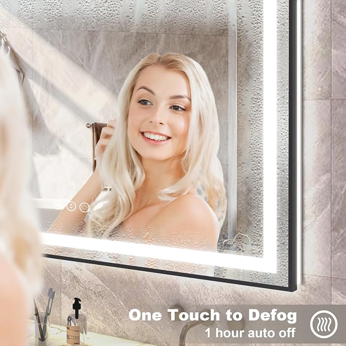 OKPAL LED Bathroom Mirror with Black Metal Frame, 40x24 Lighted Mirrors for Bathroom Wall, Front and Backlit Lighted Bathroom Mirror, Dimmable, Anti-Fog, ETL Listed, Horizontal/Vertical