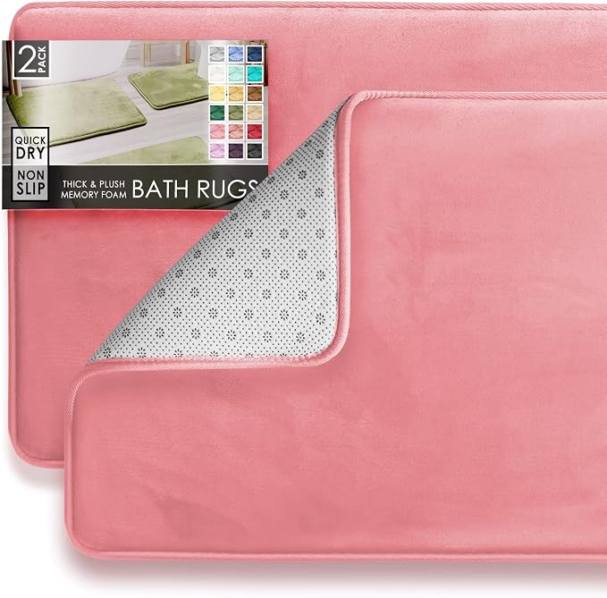 Clara Clark 2 Piece Bathroom Rugs Bath Mat Set, Velvet Memory Foam Bath Mats for Bathroom - Non-Slip, PVC Backing Bath Rugs, Washable - Dries Quickly, Pink