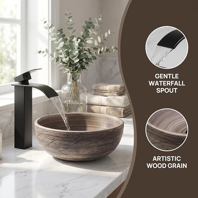 14 Inch Ceramic Bathroom Vessel Sink, Matte Black-Brown Round | Above Counter, With Faucet and Pop Up Drain Combo, Sinks Bowl for Vanity, Porcelain Art Basin, Easy Clean and Install