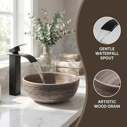 14 Inch Ceramic Bathroom Vessel Sink, Matte Black-Brown Round | Above Counter, With Faucet and Pop Up Drain Combo, Sinks Bowl for Vanity, Porcelain Art Basin, Easy Clean and Install